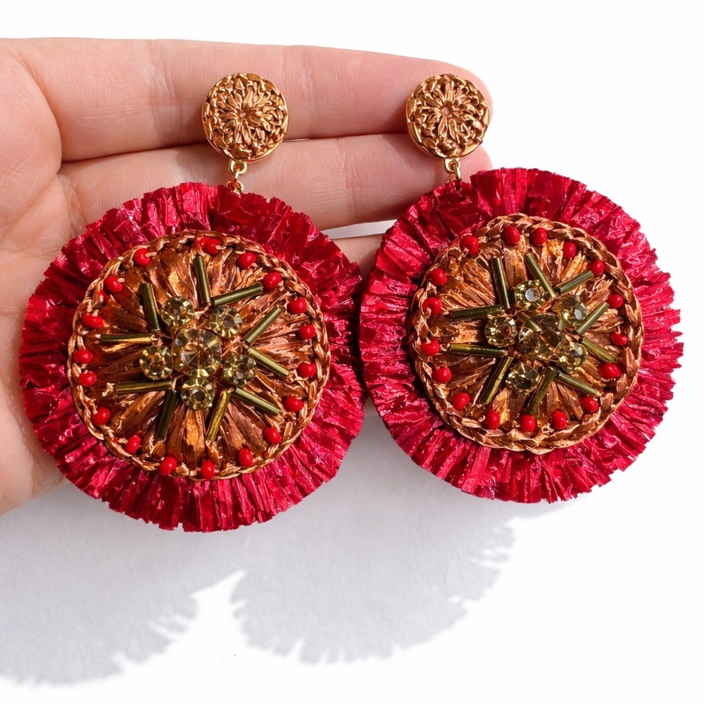 J.Crew Red Raffia Statement Earrings Beaded Crystal Fringe Boho Glam Resort